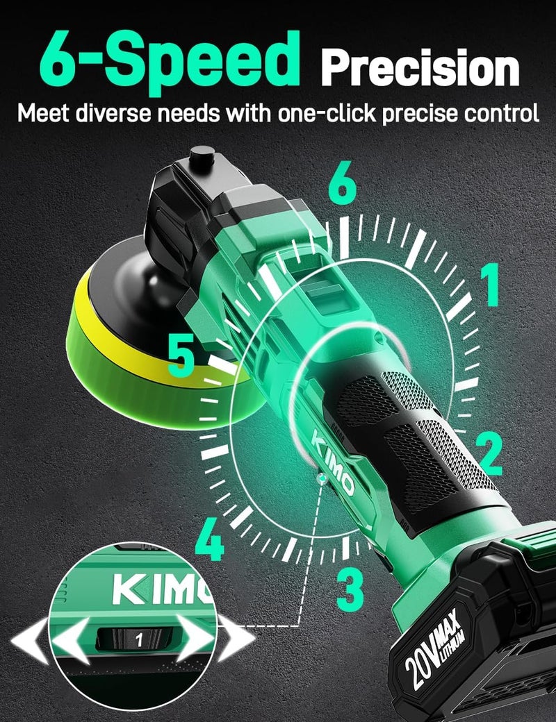 KIMO 20V Cordless Car Buffer Polisher Kit, 25Pcs Polishing Kit, 6 Speeds to 6000RPM / 2*2000mAh Batteries Cordless Polishers, Buffer Polisher for Car Detailing, Scratch Removing, Boat Sanding & Waxing - Image 4